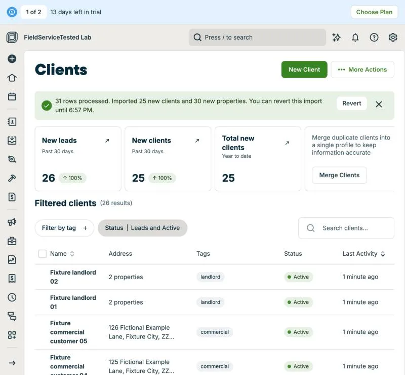 Jobber, T-01 (from signup to the first job scheduled, including importing the 25 customers from CSV): import. Own capture from the test account, fictional Ridgeline fixture data.