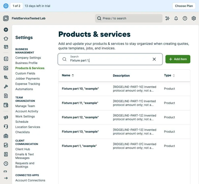 Jobber, T-02 (import the 30-item price book from CSV, including options): parts. Own capture from the test account, fictional Ridgeline fixture data.