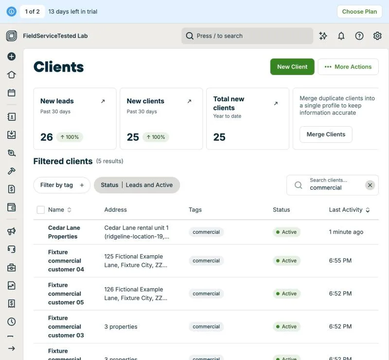 Jobber, T-03 (commercial customer with 3 locations and a separate payer (Cedar Lane)): clients. Own capture from the test account, fictional Ridgeline fixture data.