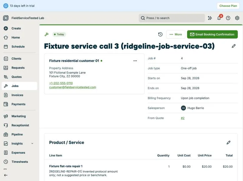 Jobber, T-06 (quote → job → invoice; the tech adds a part in the field): job. Own capture from the test account, fictional Ridgeline fixture data.
