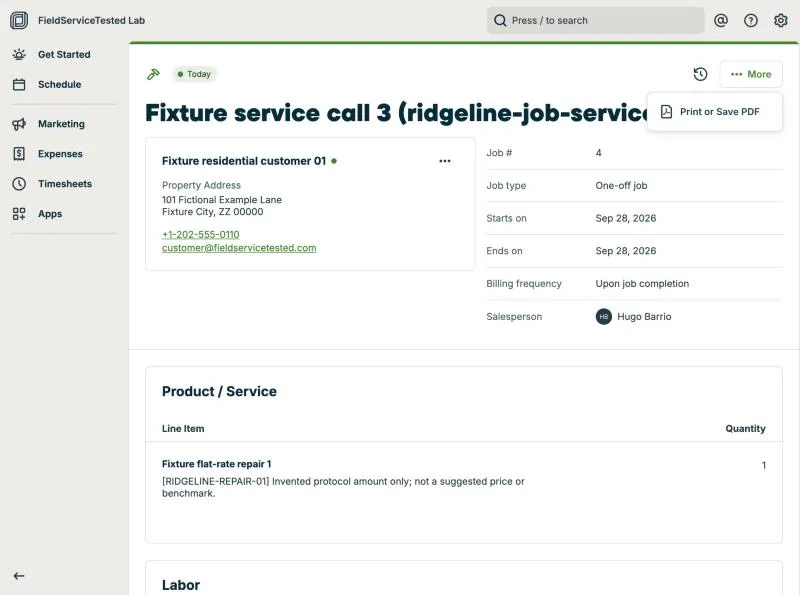 Jobber, T-06 (quote → job → invoice; the tech adds a part in the field): fieldcrew view. Own capture from the test account, fictional Ridgeline fixture data.