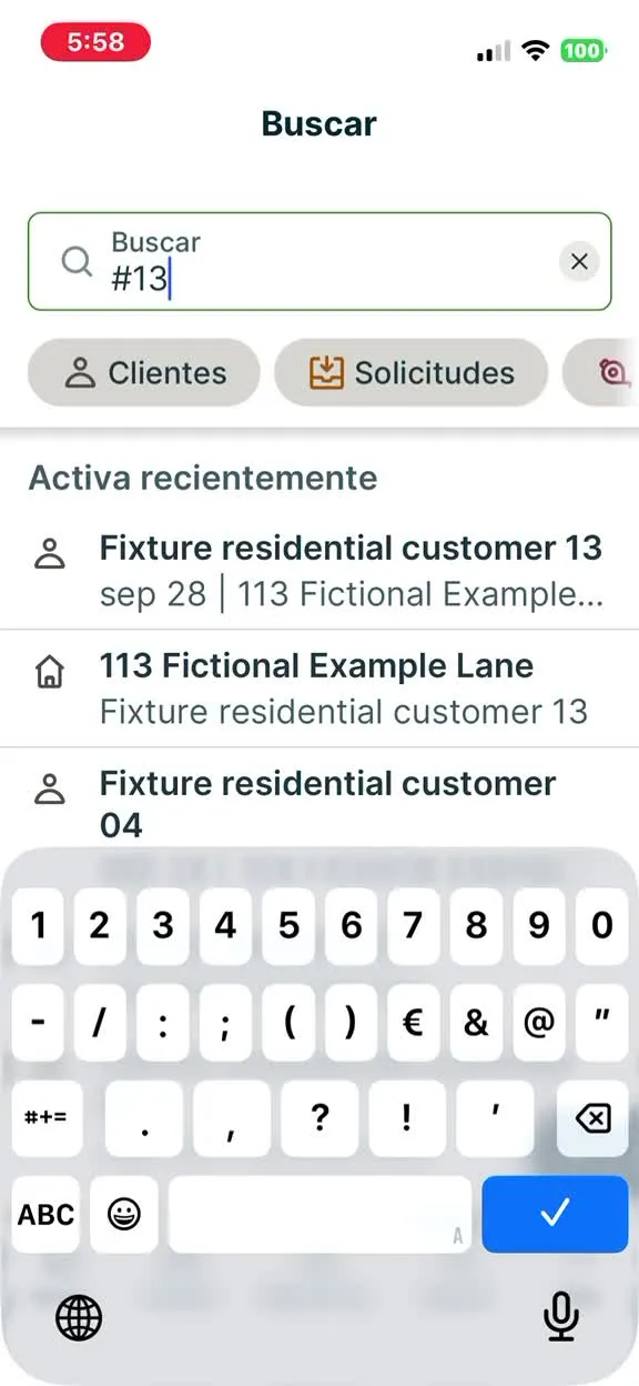 Jobber, T-09 (on a phone: open the job, see equipment history, add photos, notes and a checklist, capture a signature; repeat offline): searching #13 does not return job #13. Own capture from the test account, fictional Ridgeline fixture data.
