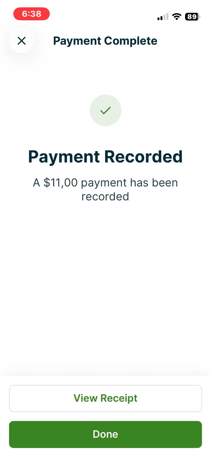 Jobber, T-10 (take a payment in test mode or send a payment link): cash payment recorded. Own capture from the test account, fictional Ridgeline fixture data.