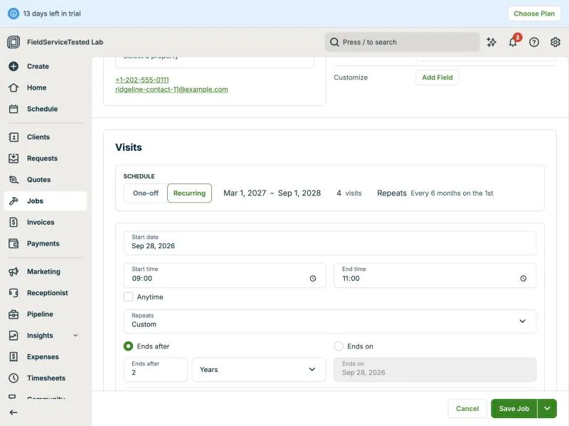 Jobber, T-11 (maintenance plan with 2 visits a year and recurring billing): recurring setup. Own capture from the test account, fictional Ridgeline fixture data.
