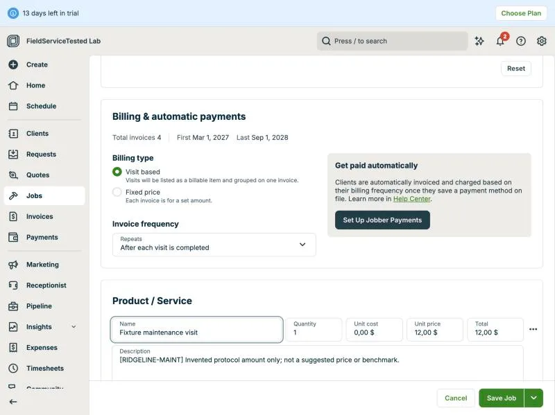 Jobber, T-11 (maintenance plan with 2 visits a year and recurring billing): billing setup. Own capture from the test account, fictional Ridgeline fixture data.