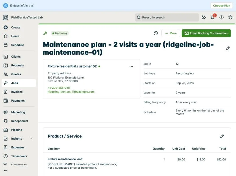 Jobber, T-11 (maintenance plan with 2 visits a year and recurring billing): job. Own capture from the test account, fictional Ridgeline fixture data.