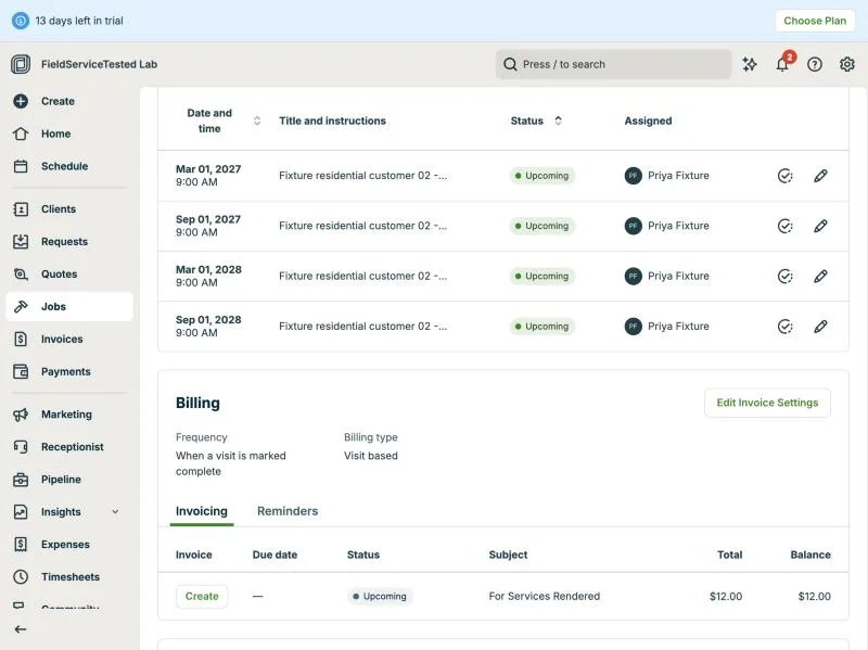 Jobber, T-11 (maintenance plan with 2 visits a year and recurring billing): visits billing. Own capture from the test account, fictional Ridgeline fixture data.