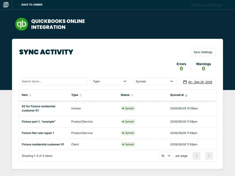 Jobber, T-13 (quickBooks Online sync of an invoice and a payment (sandbox)): synced invoice. Own capture from the test account, fictional Ridgeline fixture data.