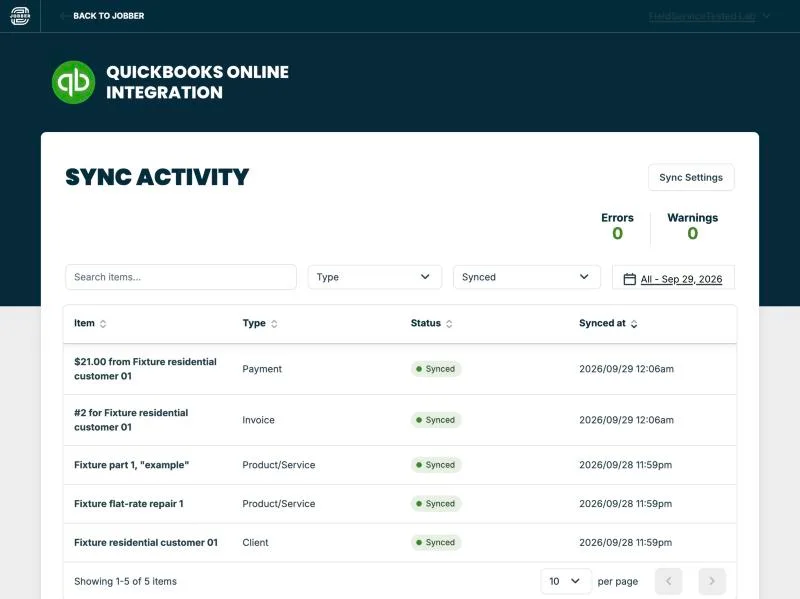 Jobber, T-13 (quickBooks Online sync of an invoice and a payment (sandbox)): synced all. Own capture from the test account, fictional Ridgeline fixture data.