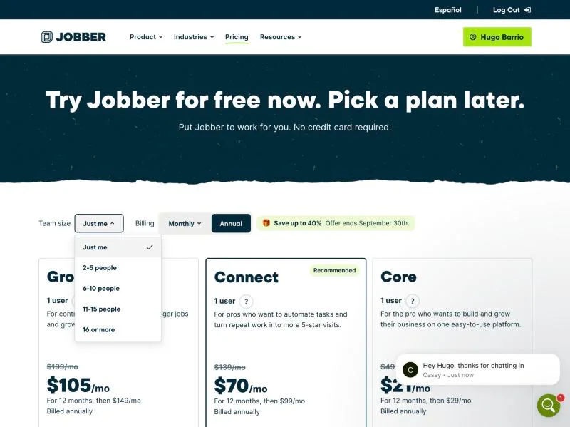 Jobber, T-16 (real cost for 1, 3 and 8 techs, including every add-on needed to pass T-01 to T-15): pricing 1user. Own capture from the test account, fictional Ridgeline fixture data.