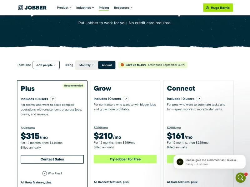 Jobber, T-16 (real cost for 1, 3 and 8 techs, including every add-on needed to pass T-01 to T-15): pricing 6 10. Own capture from the test account, fictional Ridgeline fixture data.