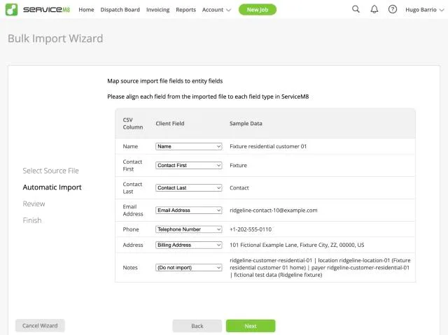 ServiceM8, T-01 (from signup to the first job scheduled, including importing the 25 customers from CSV): mapping. Own capture from the test account, fictional Ridgeline fixture data.
