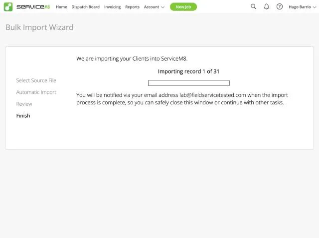 ServiceM8, T-01 (from signup to the first job scheduled, including importing the 25 customers from CSV): importing. Own capture from the test account, fictional Ridgeline fixture data.