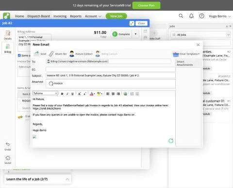 ServiceM8, T-03 (commercial customer with 3 locations and a separate payer (Cedar Lane)): invoice email draft. Own capture from the test account, fictional Ridgeline fixture data.
