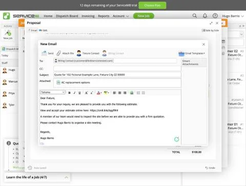 ServiceM8, T-05 (3-option quote (AC replacement); the customer approves one option online): send email. Own capture from the test account, fictional Ridgeline fixture data.