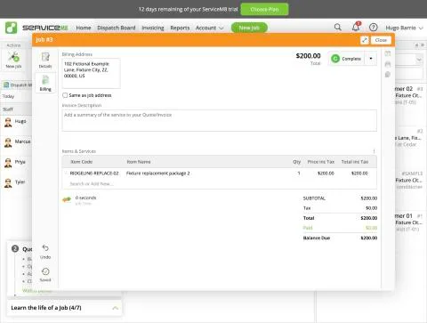 ServiceM8, T-05 (3-option quote (AC replacement); the customer approves one option online): job billing. Own capture from the test account, fictional Ridgeline fixture data.