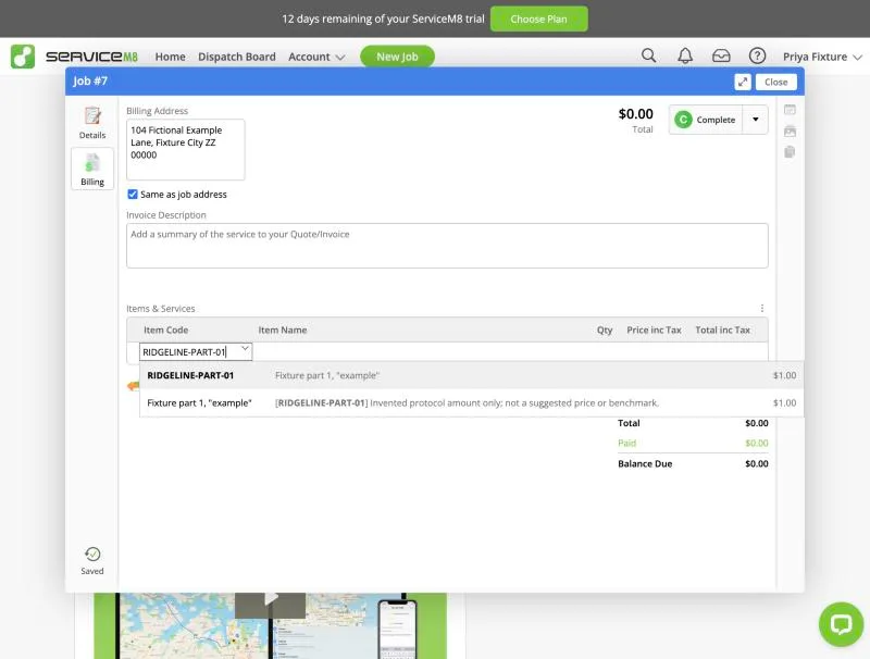 ServiceM8, T-06 (quote → job → invoice; the tech adds a part in the field): item search. Own capture from the test account, fictional Ridgeline fixture data.