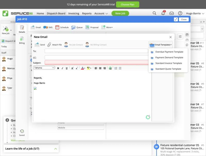 ServiceM8, T-07 (schedule 8 jobs across 3 techs; an emergency call bumps one): email templates. Own capture from the test account, fictional Ridgeline fixture data.