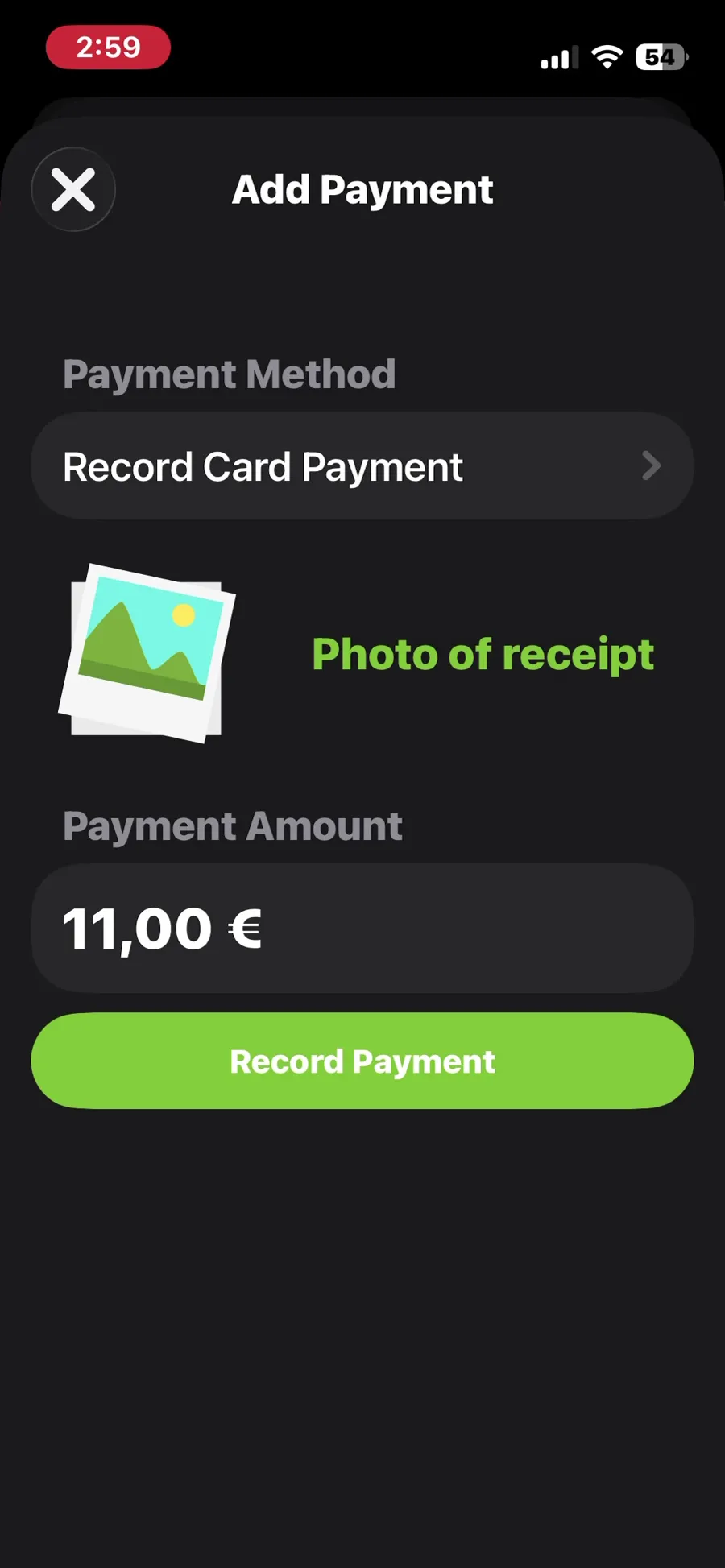ServiceM8, T-10 (take a payment in test mode or send a payment link): manual payment record, amount shown in the phone's currency. Own capture from the test account, fictional Ridgeline fixture data.
