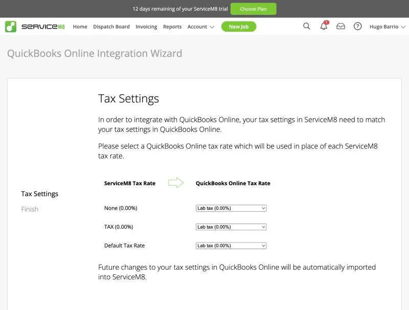 ServiceM8, T-13 (quickBooks Online sync of an invoice and a payment (sandbox)): tax mapping. Own capture from the test account, fictional Ridgeline fixture data.