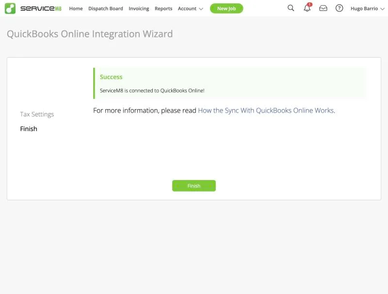 ServiceM8, T-13 (quickBooks Online sync of an invoice and a payment (sandbox)): connected. Own capture from the test account, fictional Ridgeline fixture data.