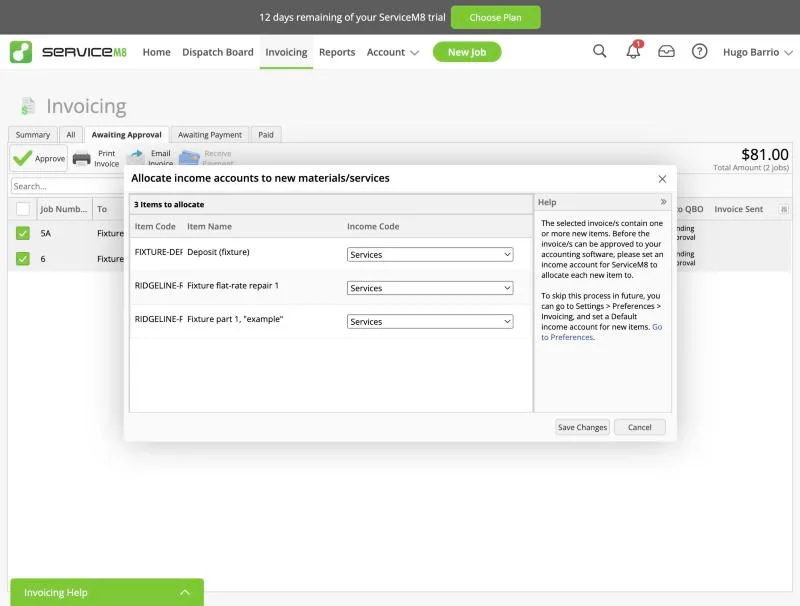 ServiceM8, T-13 (quickBooks Online sync of an invoice and a payment (sandbox)): income accounts. Own capture from the test account, fictional Ridgeline fixture data.