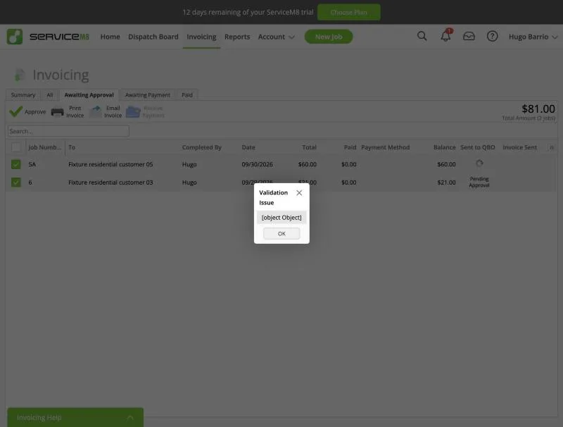 ServiceM8, T-13 (quickBooks Online sync of an invoice and a payment (sandbox)): validation object. Own capture from the test account, fictional Ridgeline fixture data.