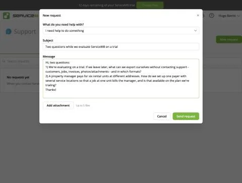 ServiceM8, T-15 (support: 2 standard questions via chat or email): support request with the two questions. Own capture from the test account, fictional Ridgeline fixture data.
