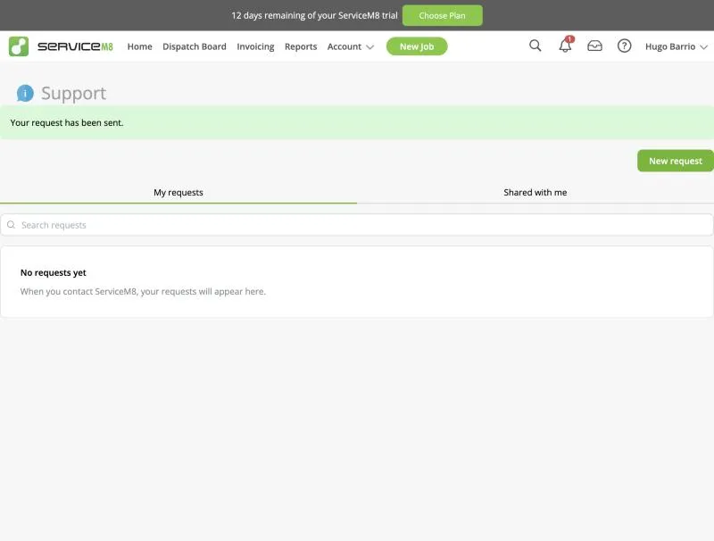 ServiceM8, T-15 (support: 2 standard questions via chat or email): request sent confirmation. Own capture from the test account, fictional Ridgeline fixture data.